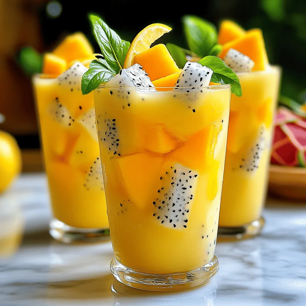 Um Mango Dragon Fruit Limonade zuzubereiten, benötigen wir frische Zutaten. Die Hauptfrüchte sind Mango und Drachenfrucht. Du solltest eine reife Mango wählen. Sie sollte süß und saftig sein. Für die Drachenfrucht wähle eine frische, leuchtend rosa oder gelbe Sorte. Diese Früchte geben der Limonade ihren besonderen Geschmack.