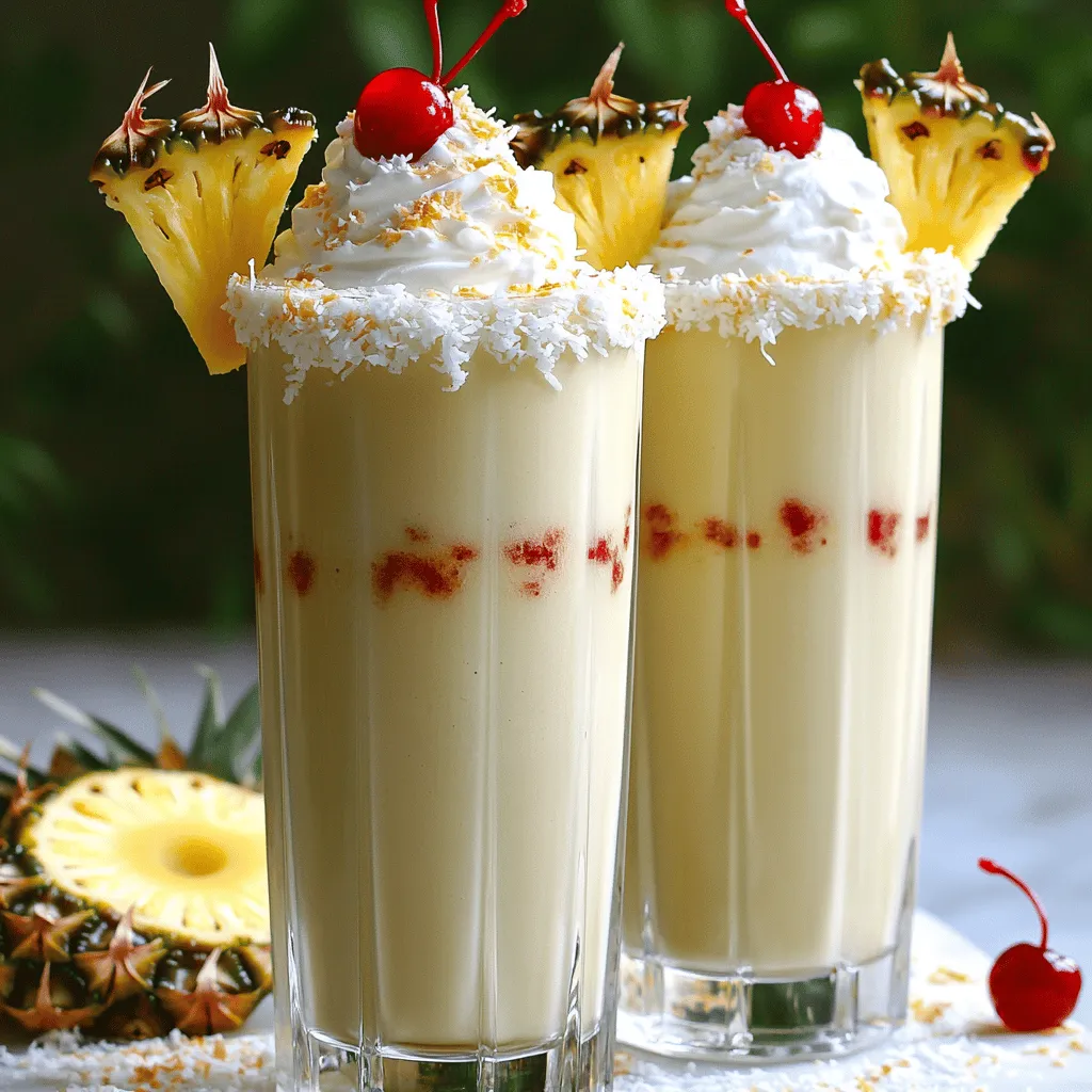 Für einen Pina Colada Milchshake brauchst du nur wenige Zutaten. Du benötigst: - 2 Tassen Vanilleeis - 1 Tasse Kokosmilch - 1 Tasse frische Ananastücke oder aus der Dose - 1 Esslöffel Kokosraspeln, am besten geröstet - 1 Esslöffel Honig oder Ahornsirup (optional) - Schlagsahne zum Dekorieren - Maraschino-Kirschen und Ananasscheiben für die Garnitur