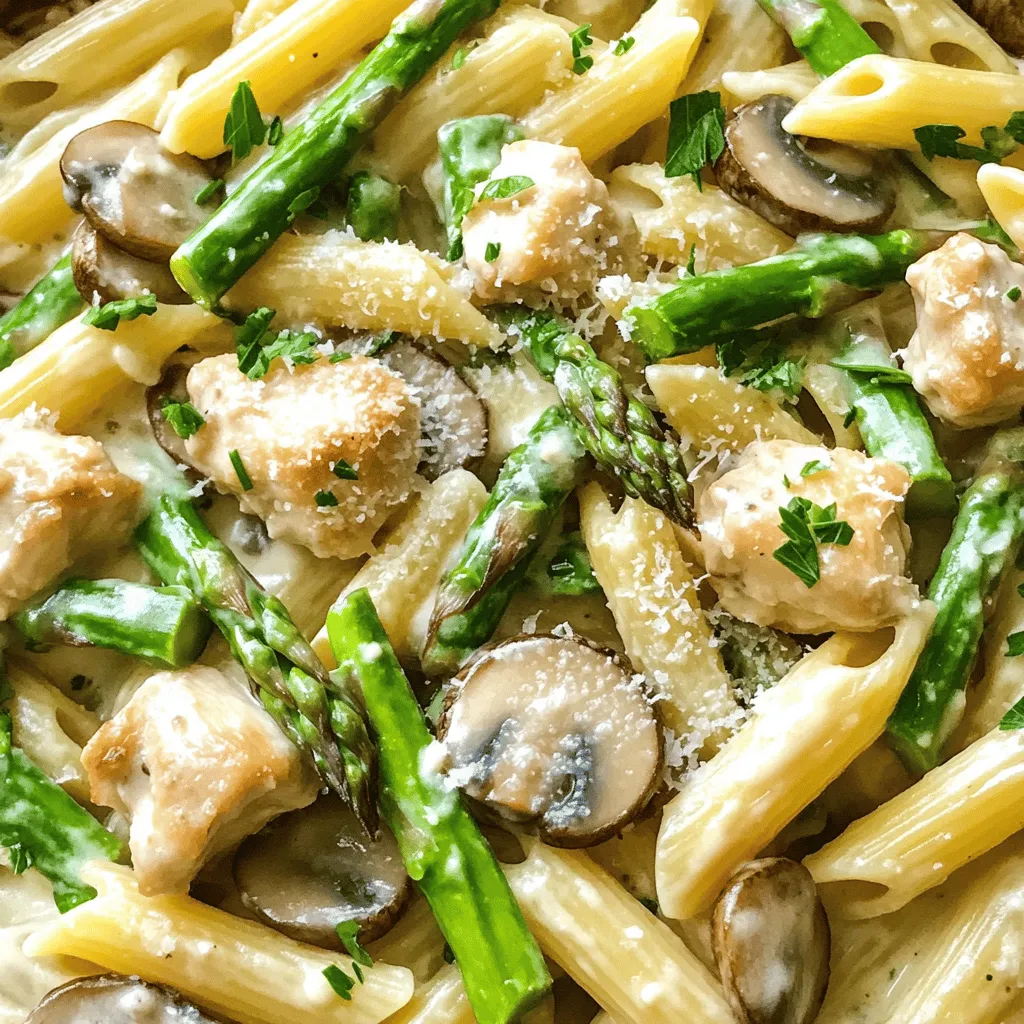 - 300 g Penne-Nudeln - 2 Hähnchenbrustfilets, gewürfelt - 200 g frische Champignons, in Scheiben geschnitten - 150 g grüner Spargel, in Stücke geschnitten - 200 ml Sahne