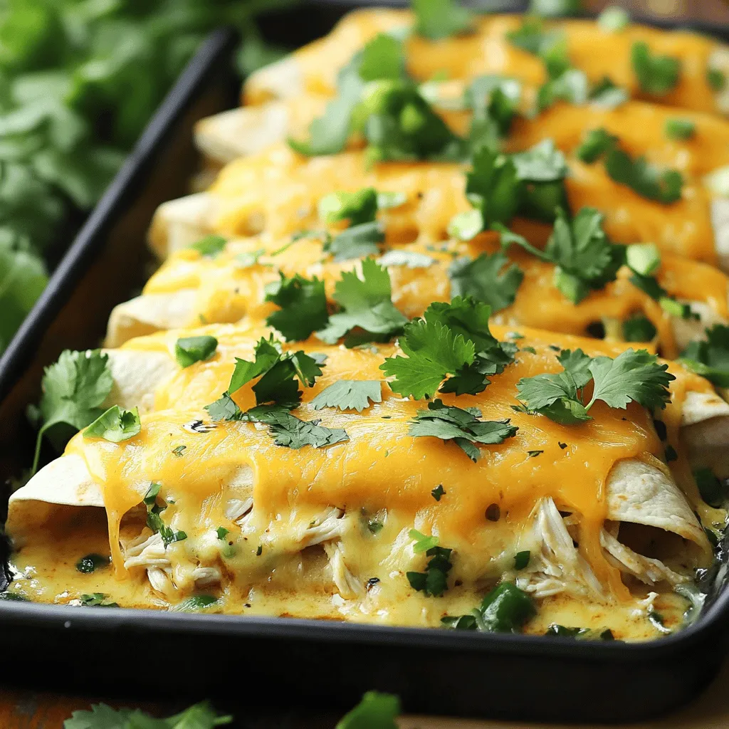 - 2 Hähnchenbrustfilets, gekocht und zerkleinert - 1 Tasse Frischkäse - 1 Tasse geriebener Mozzarella-Käse - 1/2 Tasse saure Sahne - 1 Dose grüne Chilis (ca. 200 g), abgetropft - 1 Teelöffel Kreuzkümmel - 1 Teelöffel Paprikapulver - 8 Tortillas (mehl oder mais) - 1 Tasse Enchilada-Sauce (mild oder scharf, je nach Vorliebe) - 1/2 Tasse geriebener Cheddar-Käse - Salz und Pfeffer nach Geschmack - Frischer Koriander zum Garnieren (optional)