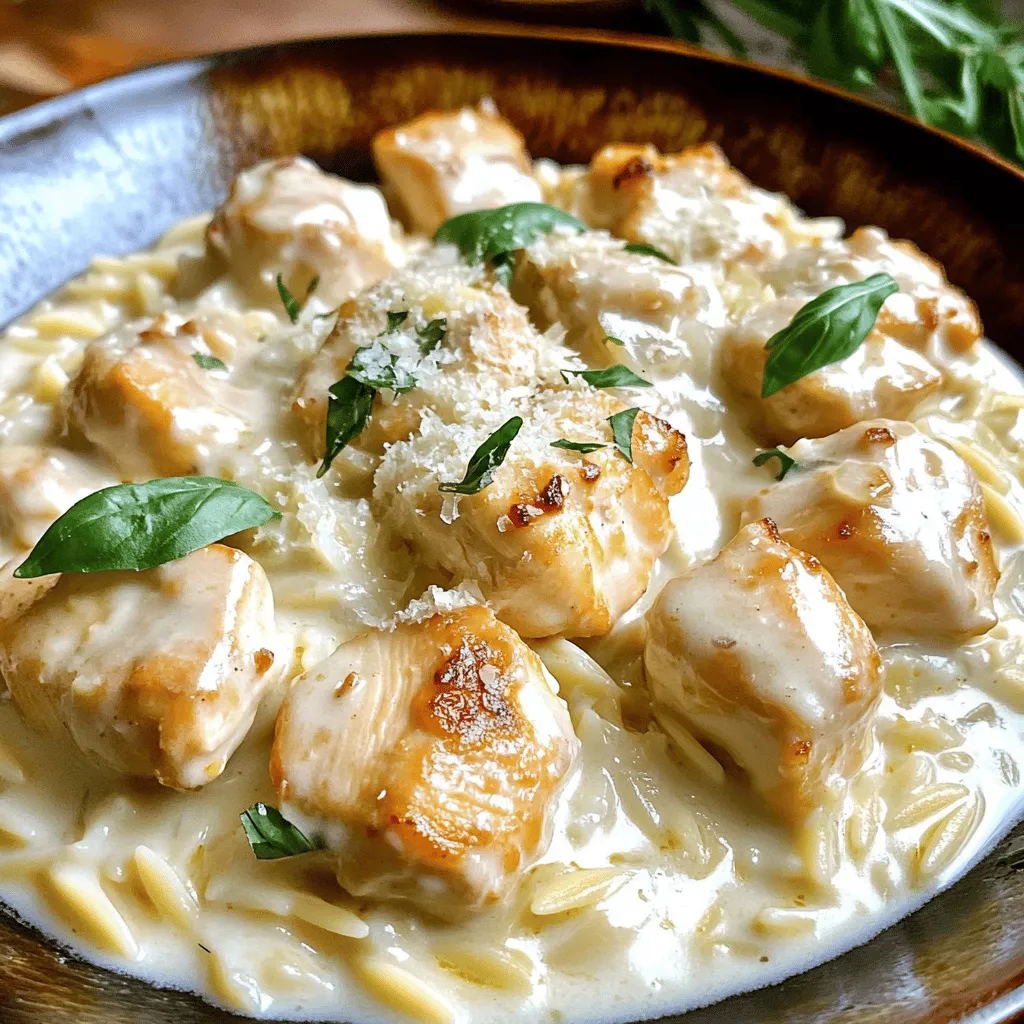 - 500g Hähnchenbrustfilet, in Würfel geschnitten - 200g Orzo (Reisnudeln) - 4 Knoblauchzehen, fein gehackt - 1 Zwiebel, gewürfelt