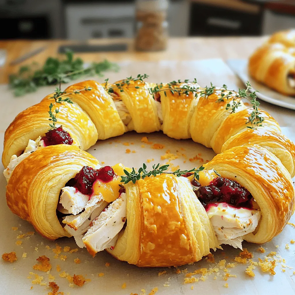 - 2 Dosen gekühlte Croissantteig-Rollen (je 250 g) - 300 g gekochter Truthahn, in kleine Stücke zerteilt - 150 g Cranberrysoße - 100 g Frischkäse, weich gemacht - 50 g geriebener Cheddar-Käse - 1 TL getrockneter Thymian - 1 TL Knoblauchpulver - 1 Ei, geschlagen - Salz und Pfeffer nach Geschmack