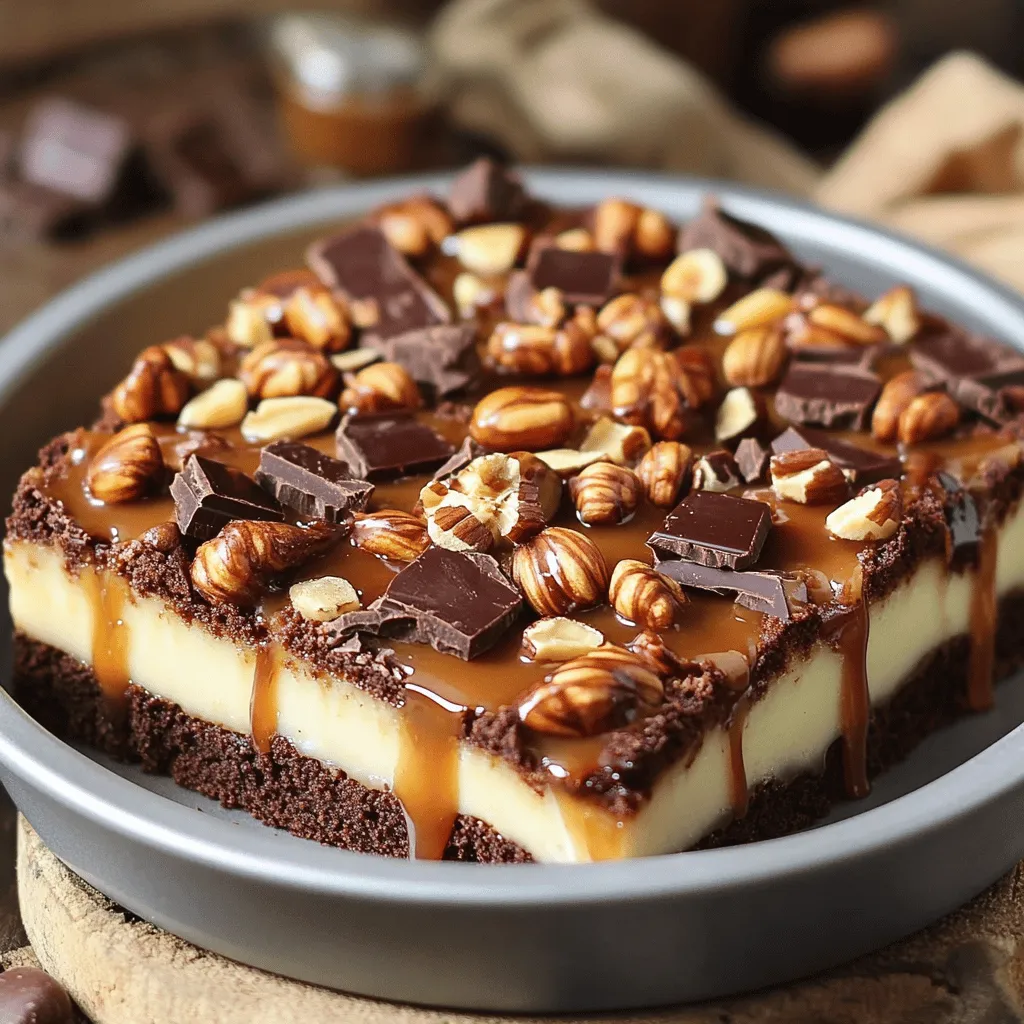 Um deinen Caramel Brownie Cheesecake zu machen, benötigst du einige einfache Zutaten. Für die Brownies brauchst du 200 g Zartbitterschokolade, 150 g Butter und 250 g Zucker. Außerdem benötigst du 3 große Eier, 100 g Mehl, 30 g Kakaopulver und eine Prise Salz. Für die Käsekuchenfüllung sind 600 g Frischkäse, 150 g Zucker, 2 große Eier und 1 TL Vanilleextrakt wichtig. Zudem benötigst du 200 g Karamellsoße, die du selbst machen oder kaufen kannst. Dekoriere den Kuchen mit Schokoladenspänen, Karamellsauce und gehackten Nüssen nach Wahl.