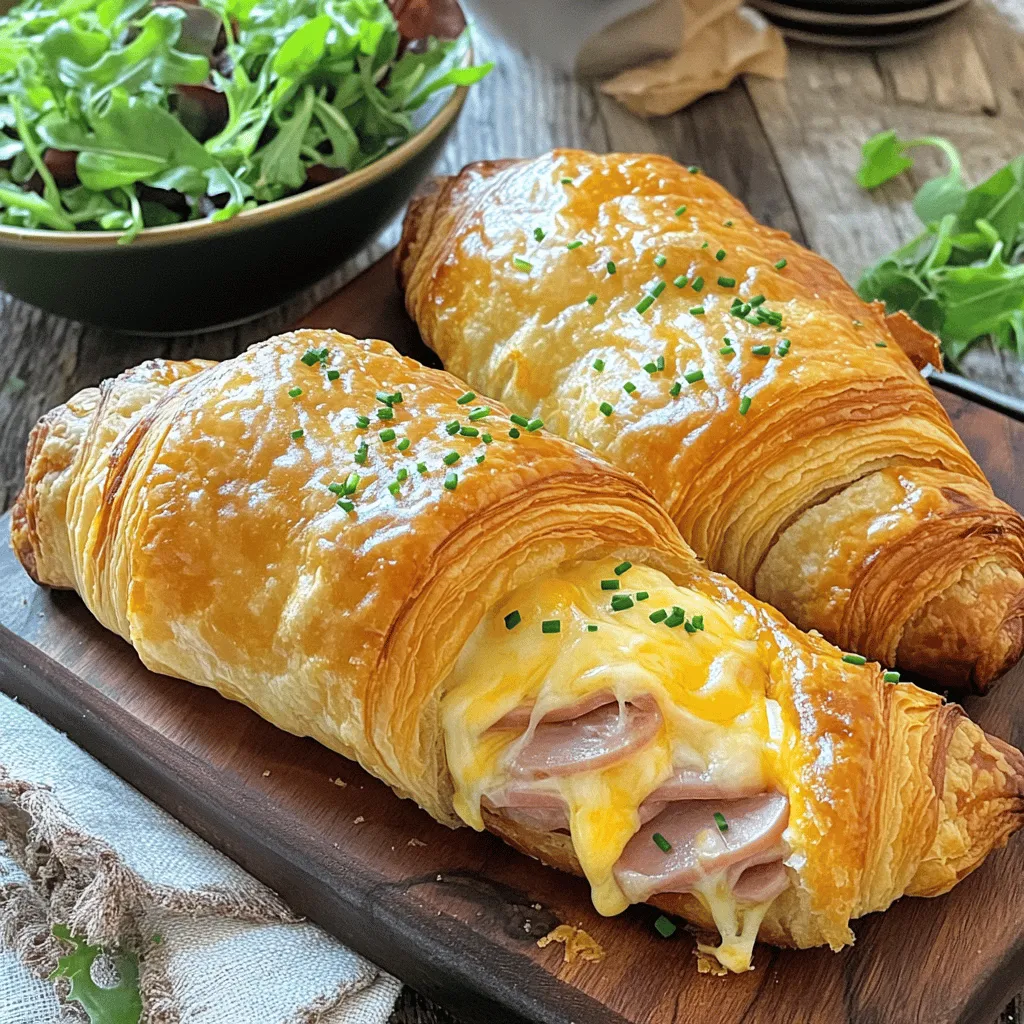 - 6 frische Croissants - 200 g dünn geschnittener Schinken - 150 g geriebener Käse (Emmentaler oder Gruyère)