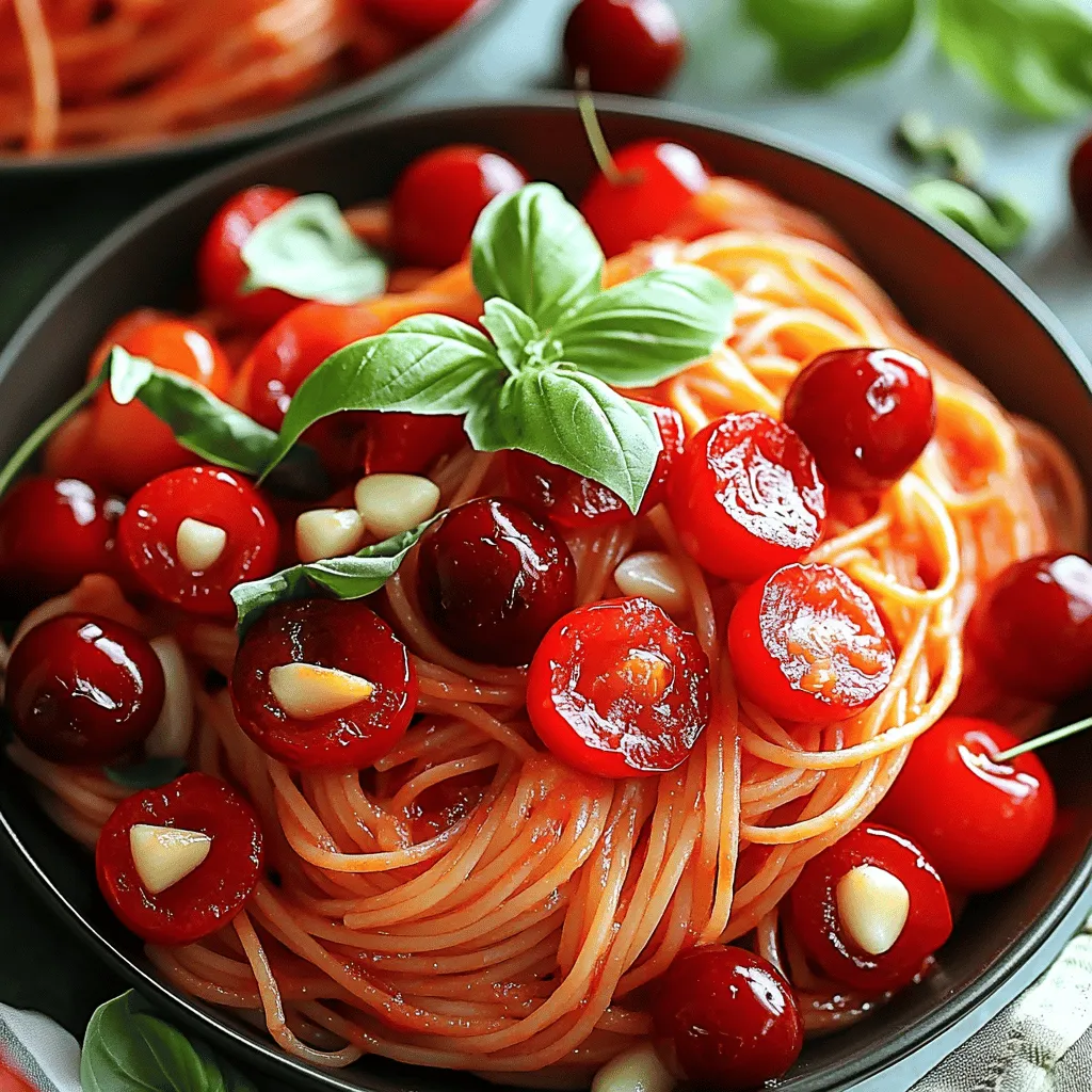 Um Sommerliche Kirsch-Spaghetti zuzubereiten, brauchst du frische Zutaten. Zuerst benötigst du 300 g Spaghetti. Du brauchst auch 200 g frische Kirschen, die entsteint und halbiert sind. Zusätzlich sind 100 g Cherry-Tomaten, zwei Knoblauchzehen, Olivenöl, Honig, Salz, Pfeffer und Parmesan wichtig. Frisches Basilikum bringt das Gericht zum Leuchten.