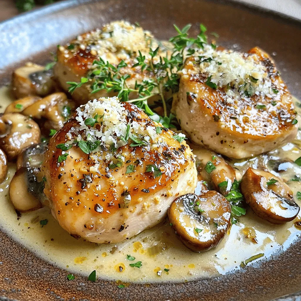 - 4 Hähnchenbrustfilets - 200 g frische Champignons, in Scheiben geschnitten - 1 Tasse Hühnerbrühe