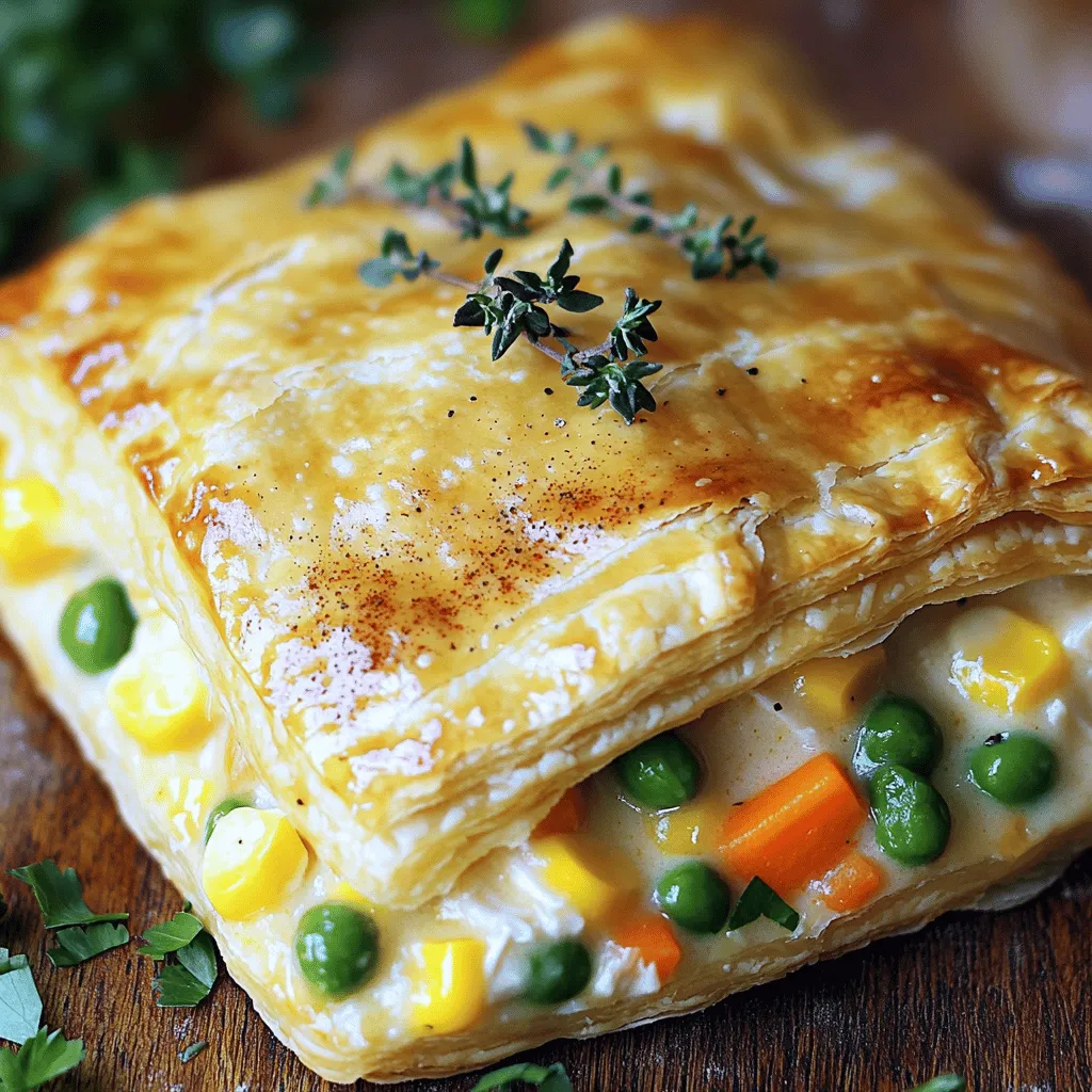 Für die Füllung brauchen Sie: - 500 g Hähnchenbrustfilet, gekocht und gewürfelt - 300 g gefrorenes Gemüse (Erbsen, Karotten, Mais) - 1 Zwiebel, gewürfelt - 2 Knoblauchzehen, gehackt