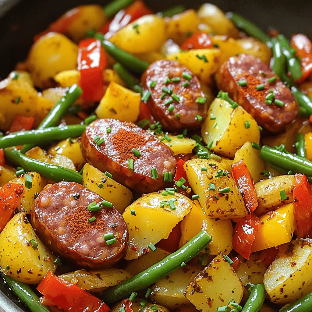 - 400 g geräucherte Wurst (z.B. Bratwurst oder Kielbasa) - 500 g festkochende Kartoffeln - 1 große Zwiebel - 2 Knoblauchzehen