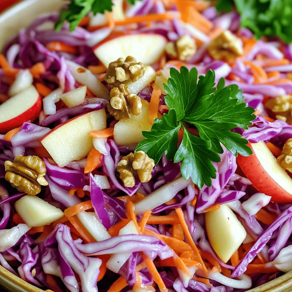 Um einen frischen Rotkohl-Slaw zuzubereiten, benötigst du einige einfache Zutaten. Du brauchst einen kleinen Rotkohl, zwei Karotten und einen Apfel. Eine kleine rote Zwiebel bringt zusätzlichen Geschmack. Walnüsse sind optional, aber sie geben einen tollen Crunch. Für das Dressing brauchst du Apfelessig, Honig oder Agavendicksaft, Olivenöl und eventuell Senf.