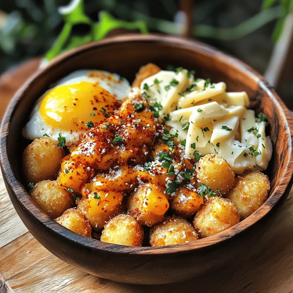 - 500 g Tater Tots (gefüllte Kartoffel-Täschchen) - 250 g frische Bratwürste, aus der Hülle gedrückt - 4 große Eier