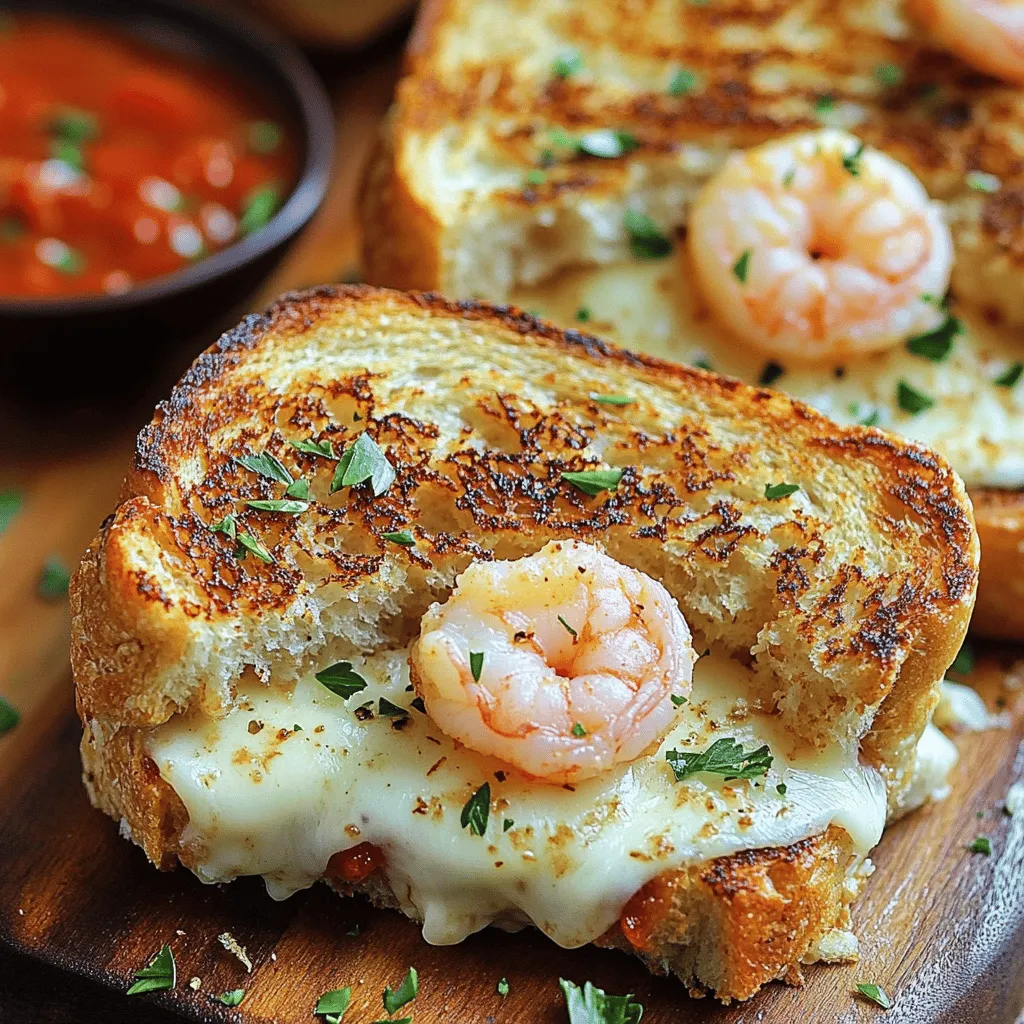 - 4 Scheiben dickes Sauerteigbrot - 200g große Garnelen, geschält und entdarmt - 100g geriebener Mozzarella-Käse - 50g geriebener Parmesan-Käse