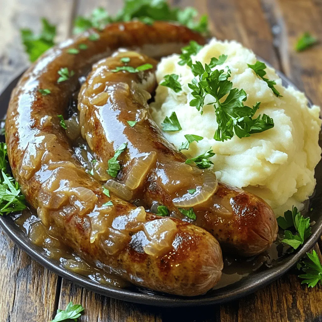 - 6 britische Würstchen (z. B. Cumberland oder Scharfe Würstchen) - 800 g festkochende Kartoffeln, geschält und gewürfelt - 100 ml Milch - 50 g Butter