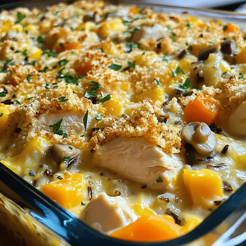 Die Hauptzutaten für die Hähnchen-Wildreis-Casserole sind: - 500 g Hähnchenbrustfilet, gewürfelt - 200 g Wildreis-Mischung - 1 Zwiebel, gewürfelt - 2 Karotten, klein gewürfelt - 150 g Champignons, in Scheiben geschnitten - 3 Knoblauchzehen, gehackt - 750 ml Hühnerbrühe - 200 ml Sahne - 100 g geriebener Käse (z.B. Gouda) - 2 EL Olivenöl - 1 TL Thymian (frisch oder getrocknet) - Salz und Pfeffer nach Geschmack - 100 g Semmelbrösel - 50 g Butter, geschmolzen
