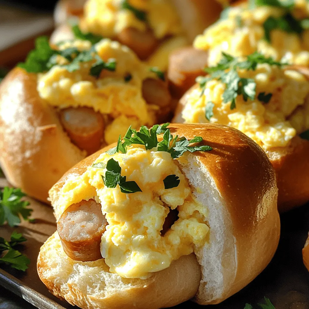 - 4 weiche Brötchen (z. B. Sandwich-Brötchen) - 4 kleine Würstchen (z. B. Cocktailwürstchen oder Bratwürstchen) - 4 Eier - 50 g Cheddar-Käse, gerieben - 2 EL Milch - 1 TL Salz - 1/2 TL Pfeffer - 1/2 TL Paprika - 1 EL Butter - Frische Petersilie zum Garnieren (optional)