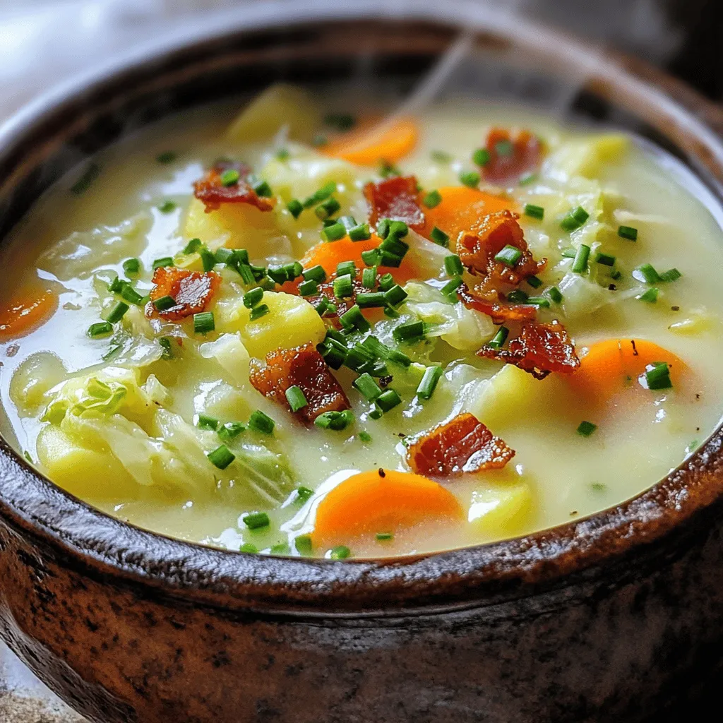 Irish Bacon, Cabbage und Potato Soup vereint viele traditionelle irische Zutaten. Die Hauptzutaten sind irische Bacon-Scheiben, Weißkohl, Kartoffeln, Zwiebeln, Karotten und Gemüsebrühe. Diese Zutaten geben der Suppe ihren herzhaften Geschmack.
