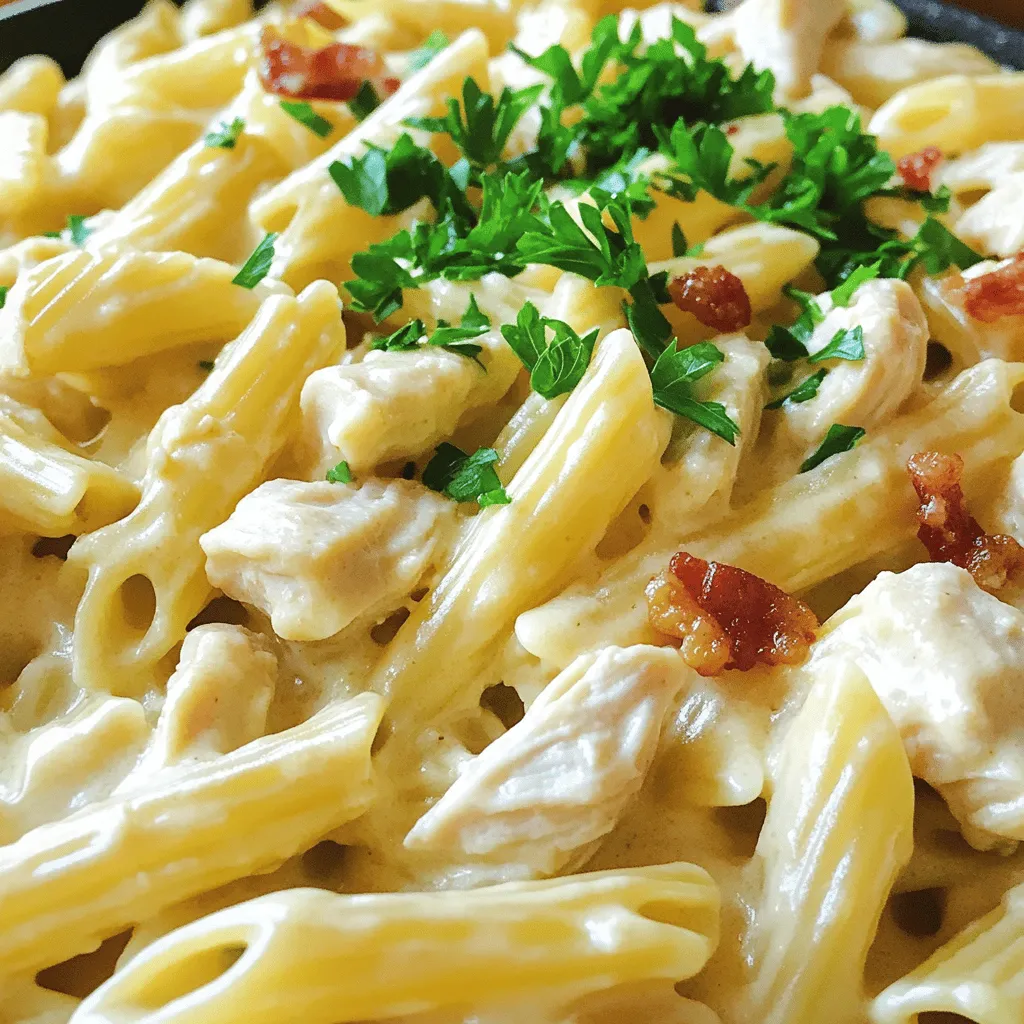 - 300 g Pasta (z.B. Penne oder Fusilli) - 200 g Hähnchenbrustfilet, in Würfel geschnitten - 150 g Speck, in Stücke geschnitten