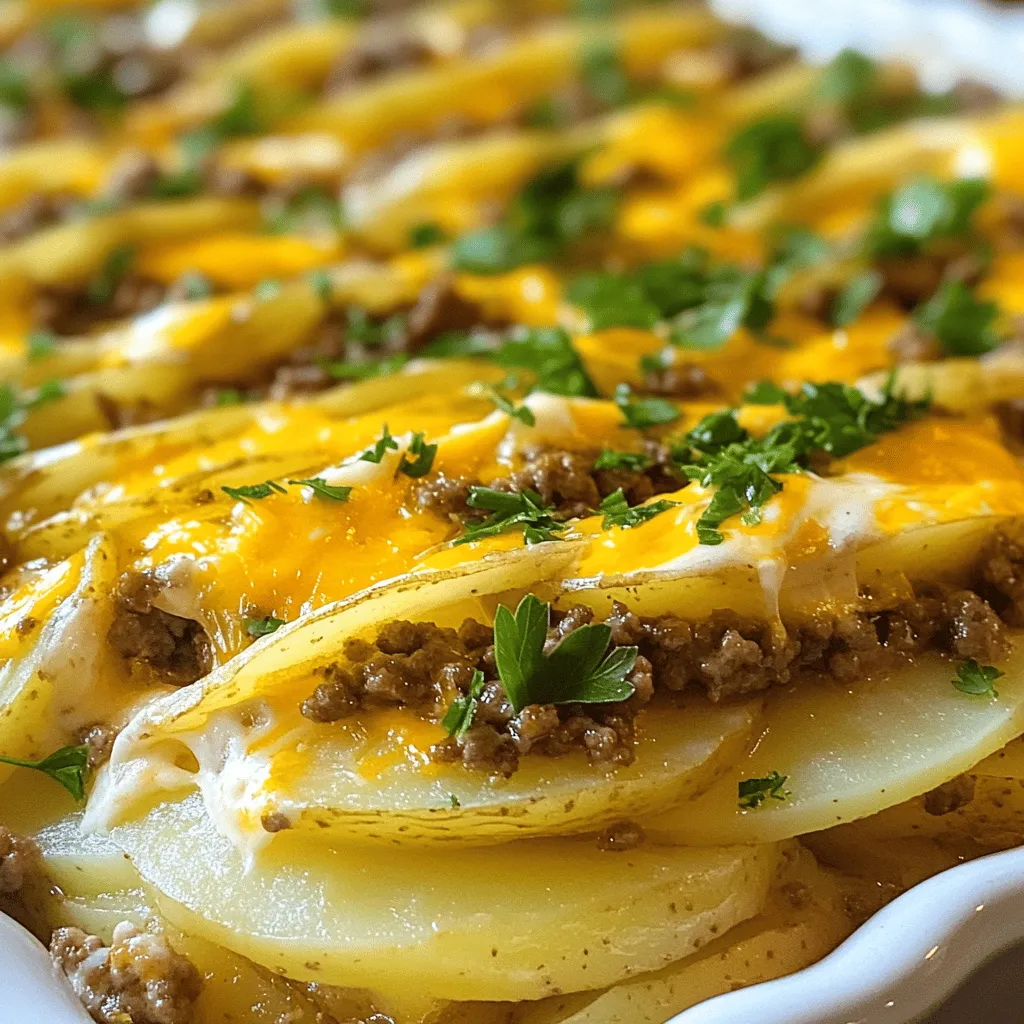 - 500 g Rinderhackfleisch - 1 große Zwiebel, gewürfelt - 3 Knoblauchzehen, gehackt - 800 g festkochende Kartoffeln, geschält und in dünne Scheiben geschnitten