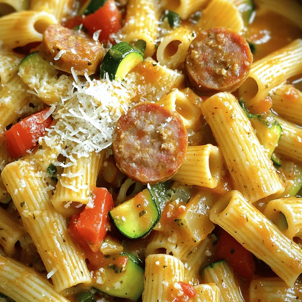 - 300 g Rigatoni oder Penne - 200 g geräucherte Wurst (z.B. Kielbasa) - 1 Zwiebel, gewürfelt