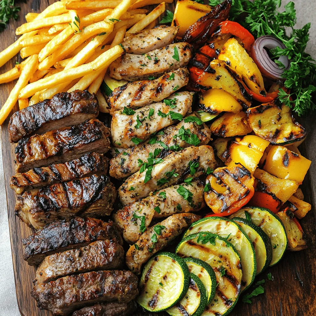 - 500g Hähnchenbrustfilet - 500g Lammfleisch, in Würfeln - 500g Rindersteak, in Streifen - 1 Zucchini, in Scheiben - 1 Paprika (rot oder gelb), in Streifen - 1 rote Zwiebel, in Spalten - 2 Knoblauchzehen, gehackt - 4 Esslöffel Olivenöl - 2 Teelöffel Paprikapulver - 1 Teelöffel Kreuzkümmel - Salz und Pfeffer nach Geschmack - 500g Tiefkühl-Pommes frites - Frische Petersilie zur Garnitur