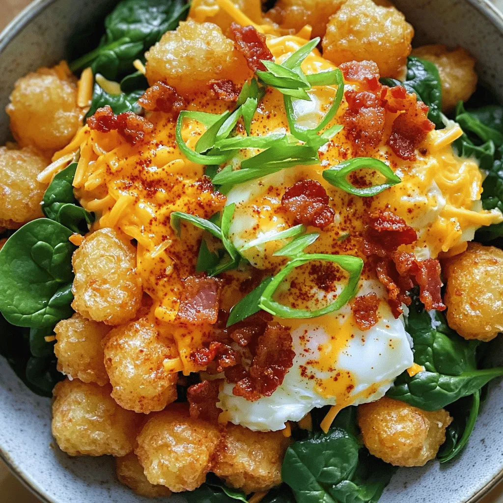 Um die Tater Tot Frühstücksbowl perfekt zu machen, benötigen Sie folgende Zutaten: - 500 g Tater Tots - 4 große Eier - 150 g Speck, gewürfelt - 1 kleiner Paprika, gewürfelt - 100 g Spinat, frisch - 100 g Cheddar-Käse, gerieben - 2 Esslöffel Olivenöl - Salz und Pfeffer nach Geschmack - 2 Frühlingszwiebeln, in Ringe geschnitten - Chili-Pulver (optional, für etwas Schärfe)