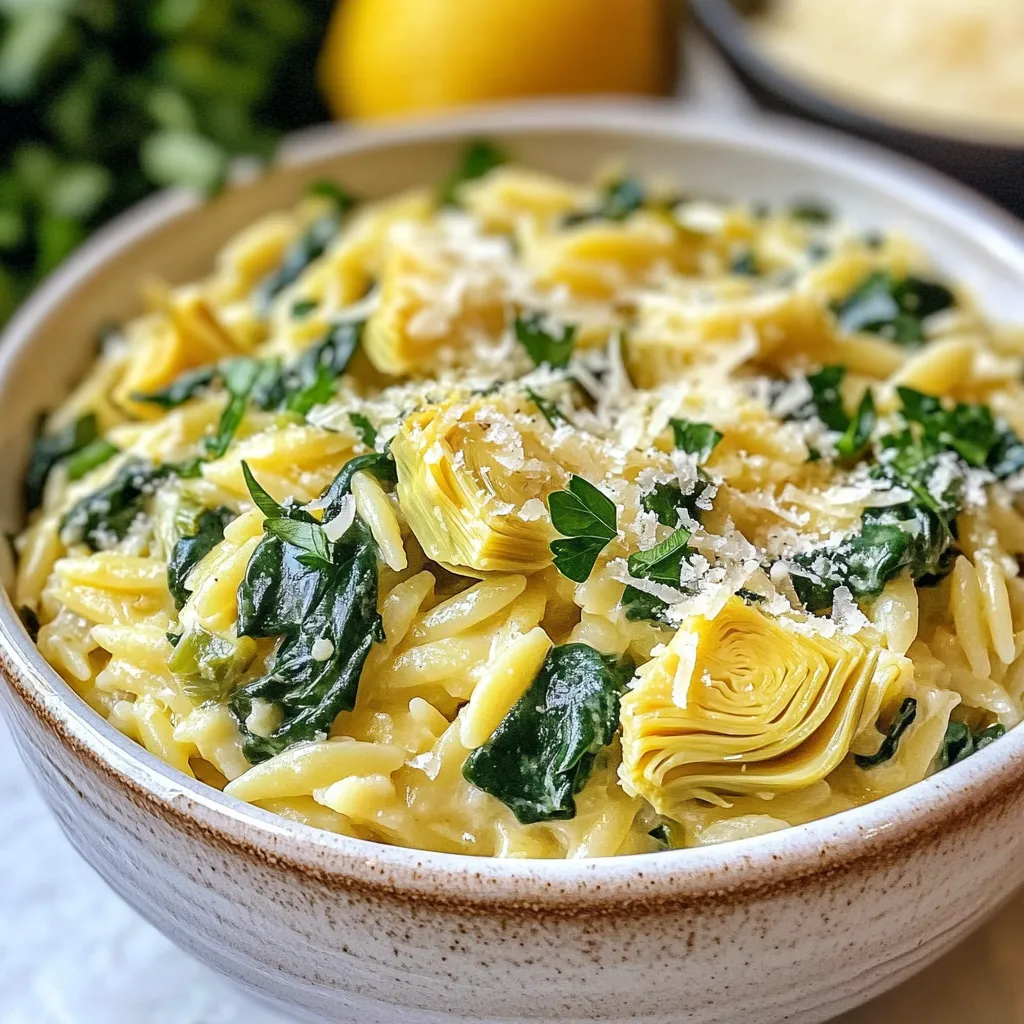 Cremige Zitronen-Artischocken-Orzo-Pfanne genießen