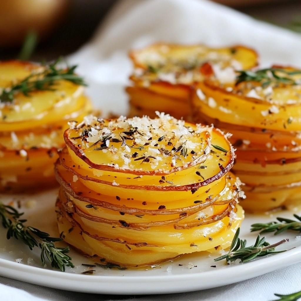 Knusprige einfache Beilage Knoblauch-Kräuter-Kartoffelstapel